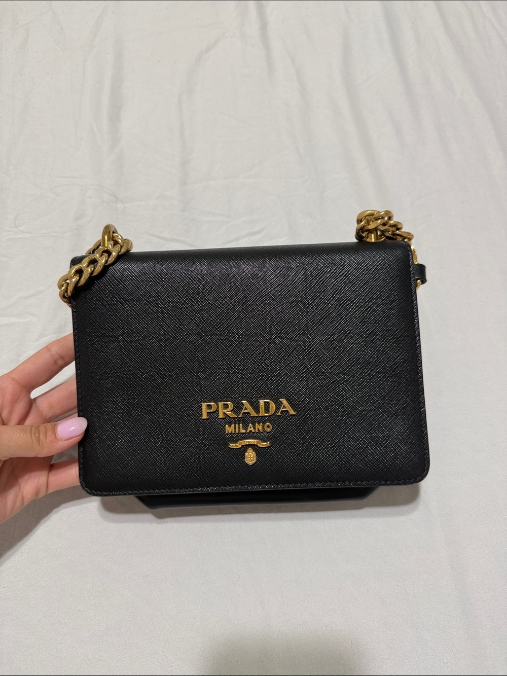 Prada Black Saffiano Leather Chain Crossbody with Gold Hardware